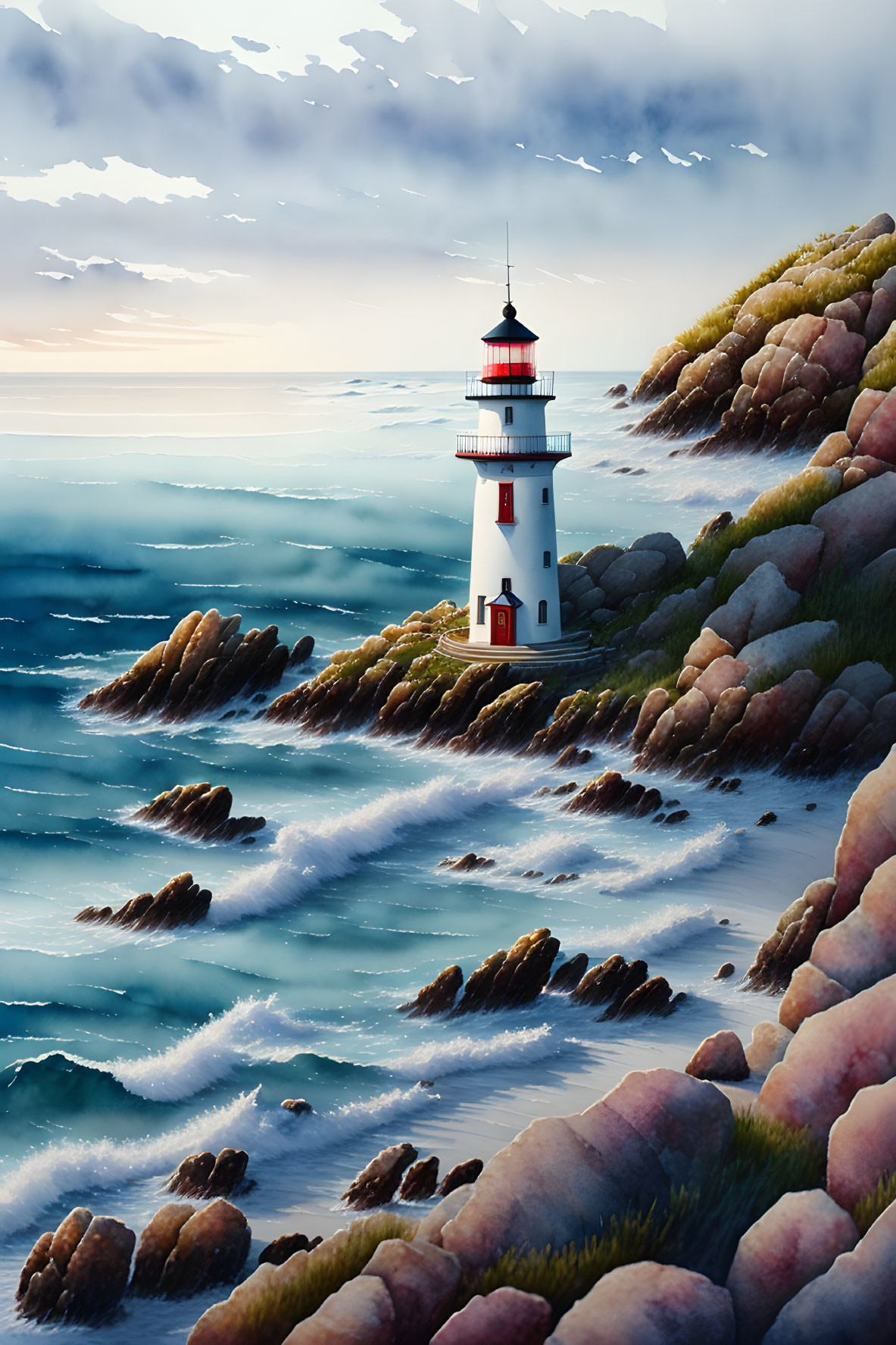 Serene lighthouse on rugged coastline with crashing waves