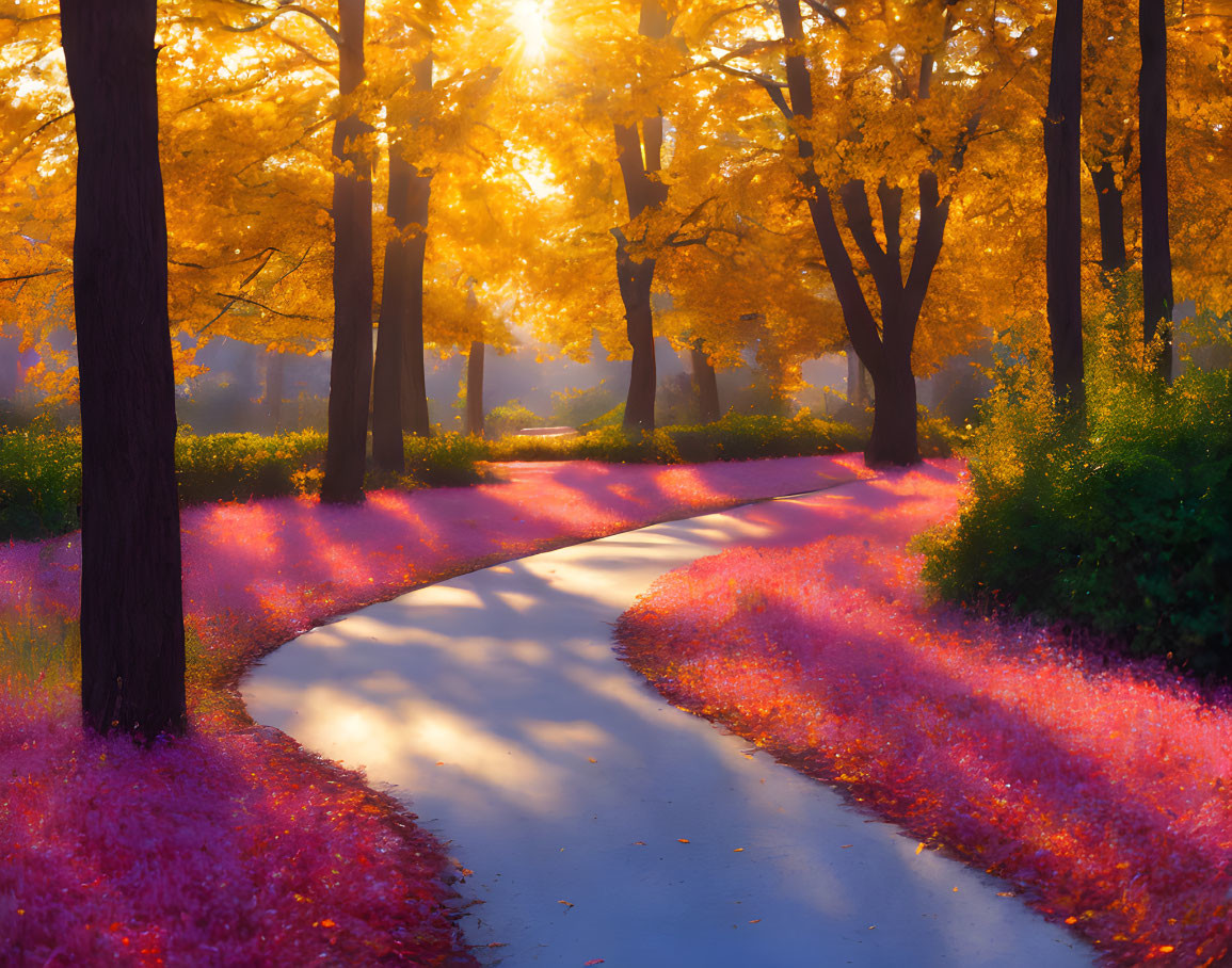 Scenic autumn forest path with golden foliage and pink petals