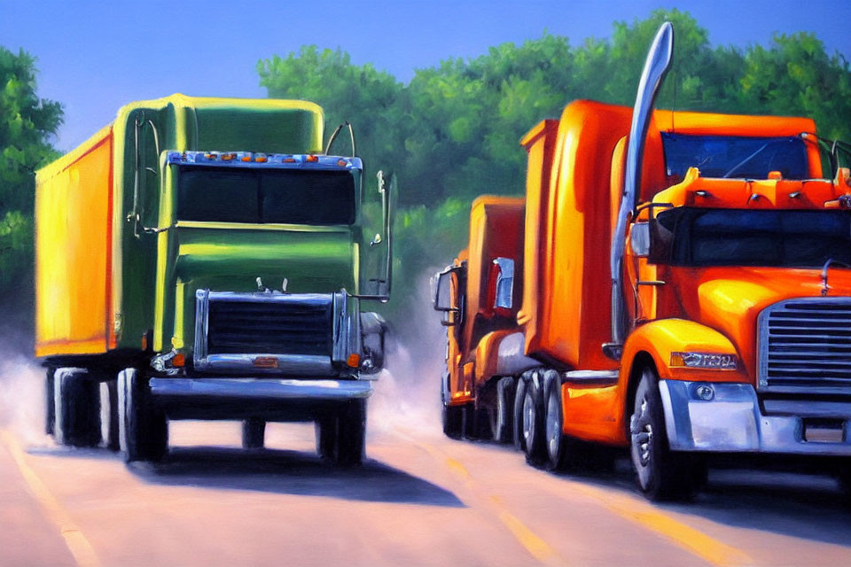 Two vibrant semi-trucks on sunlit highway with lush greenery