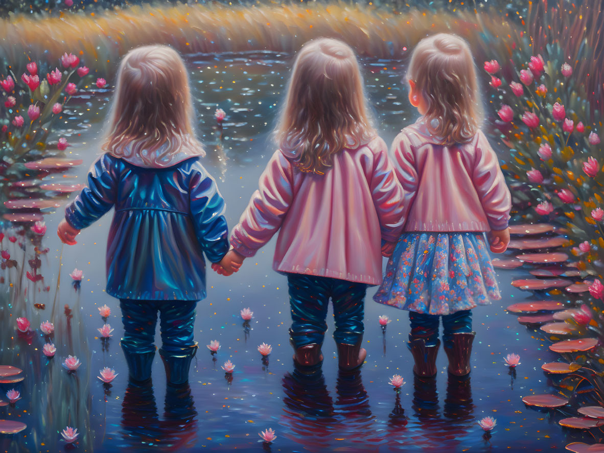 Three young girls in raincoats and boots among lotus flowers.