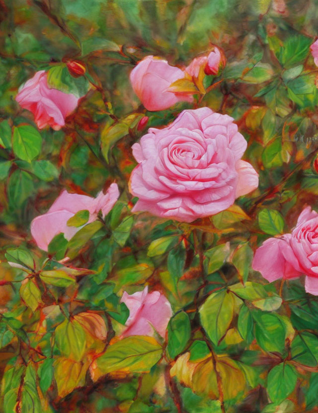 Vibrant painting of pink roses in full bloom amidst green leaves