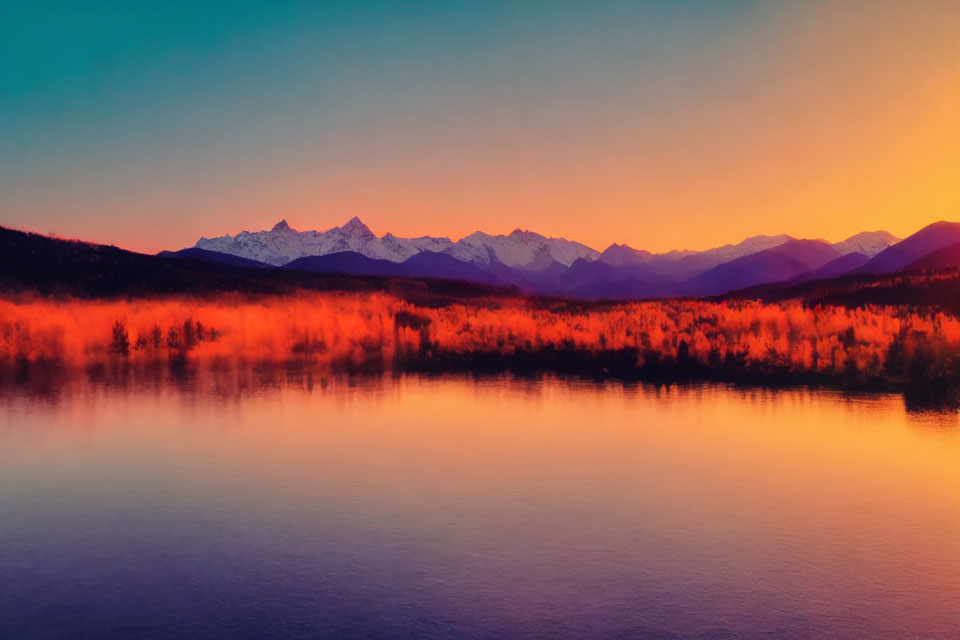 Tranquil lake sunset with mountain and forest silhouettes