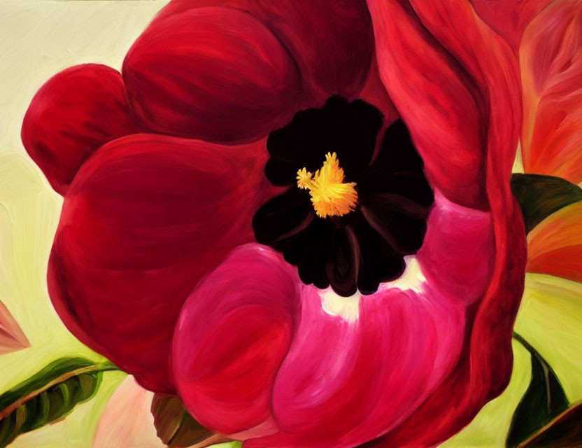 Large Red Flower Painting with Dreamy Warm Palette