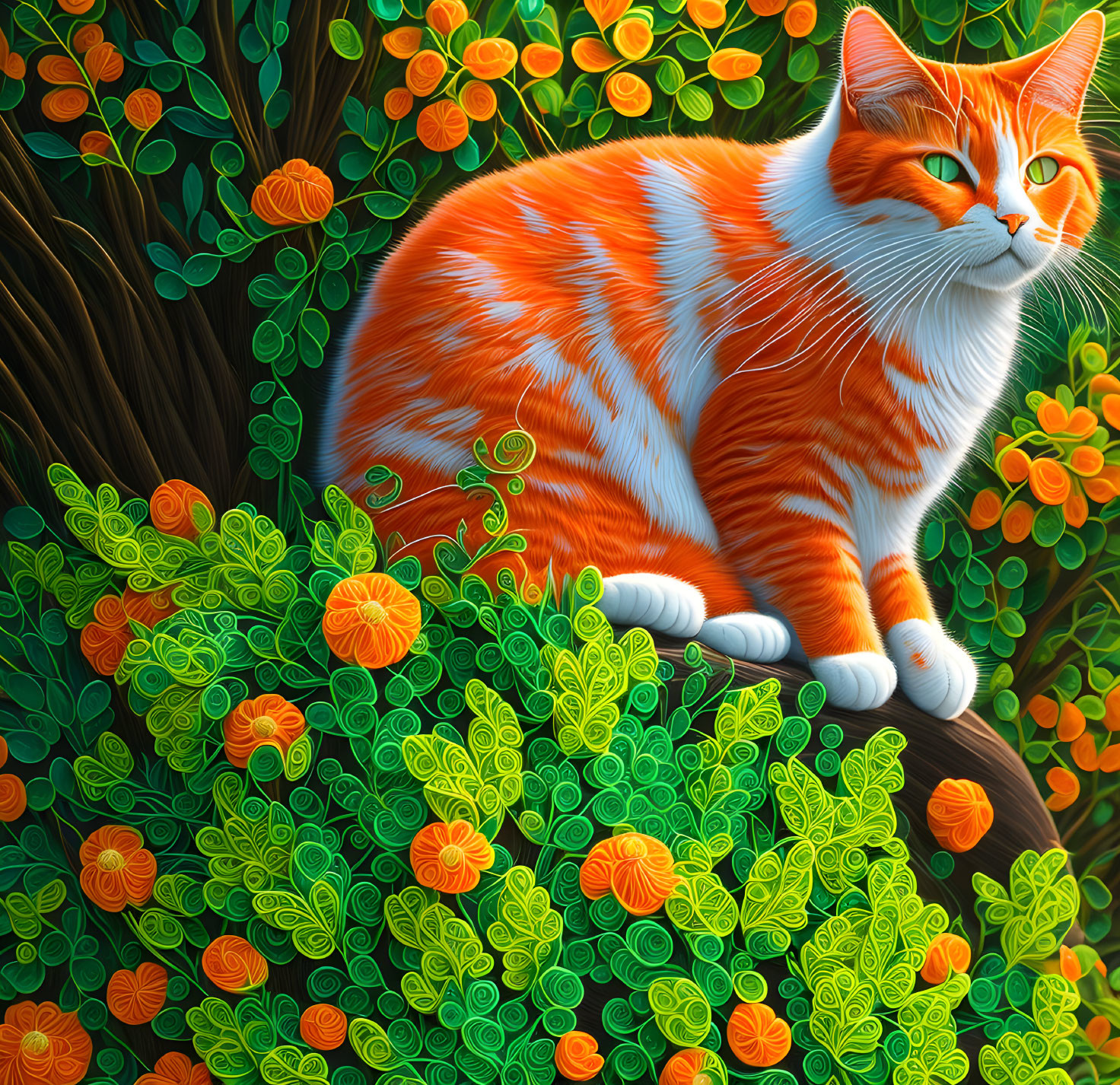 Colorful Cat Illustration Among Orange and Green Floral Patterns