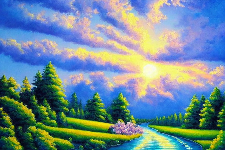 Colorful sunrise landscape painting with river and lush trees