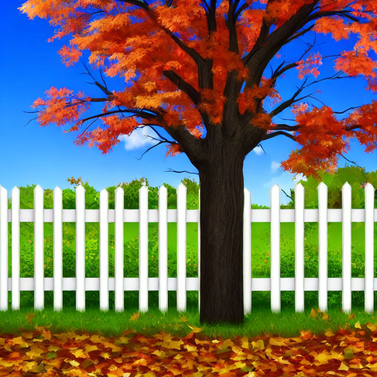 Colorful autumn tree with red-orange leaves by white picket fence against blue sky