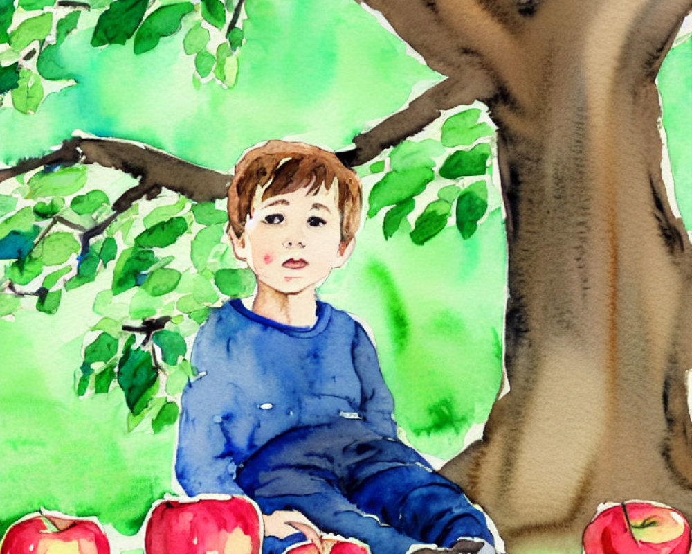 Young Boy Sitting Under Green Tree Surrounded by Red Apples