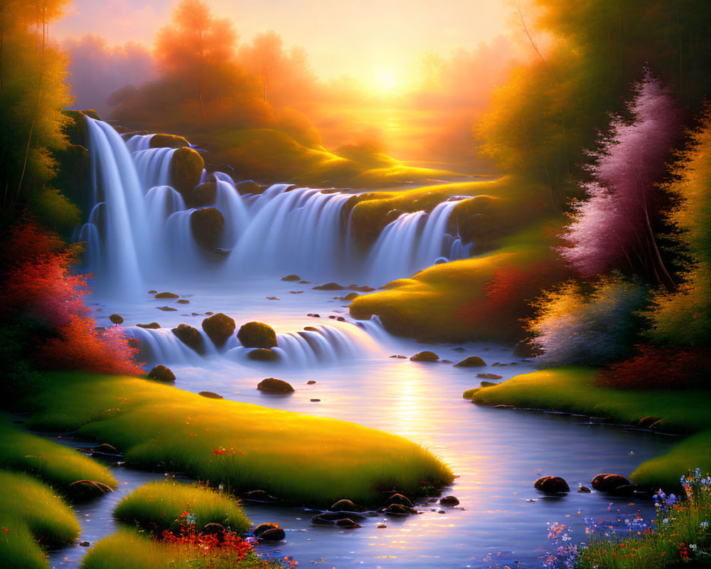 Scenic landscape with cascading waterfall and lush foliage at sunrise or sunset
