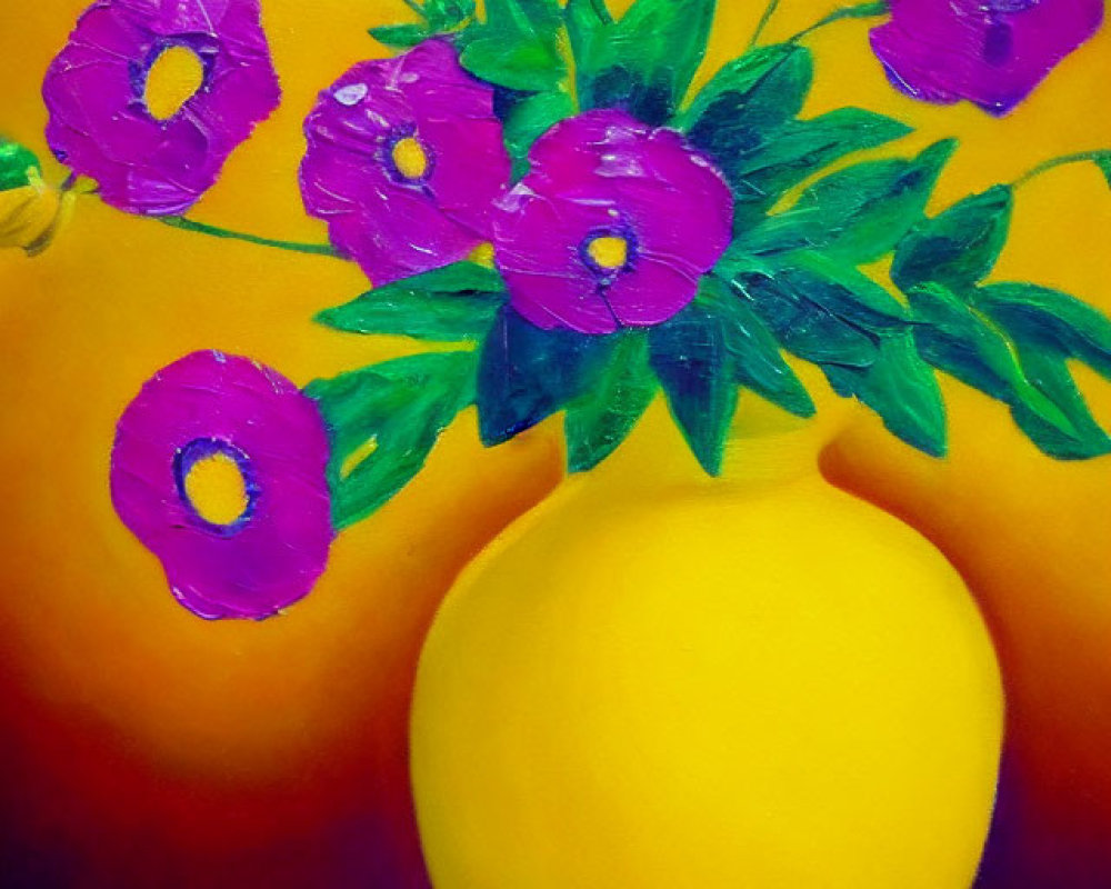 Colorful painting of purple flowers in yellow vase on vibrant background