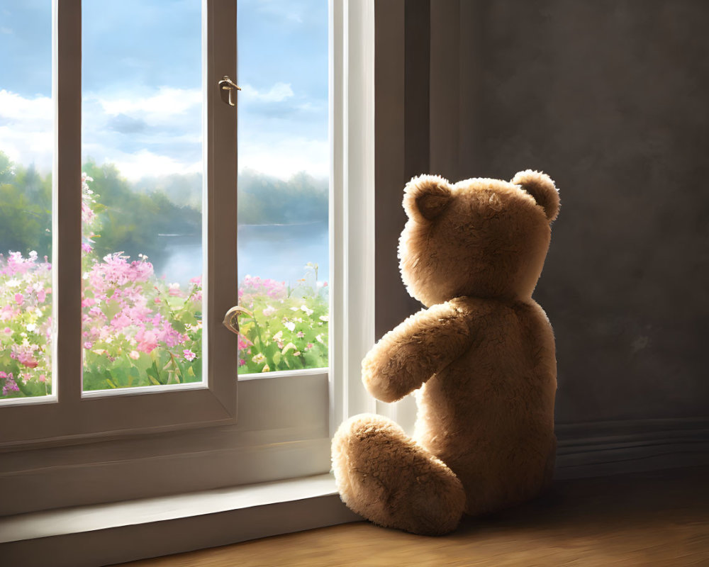 Teddy bear by sunny window overlooking garden with flowers and lake