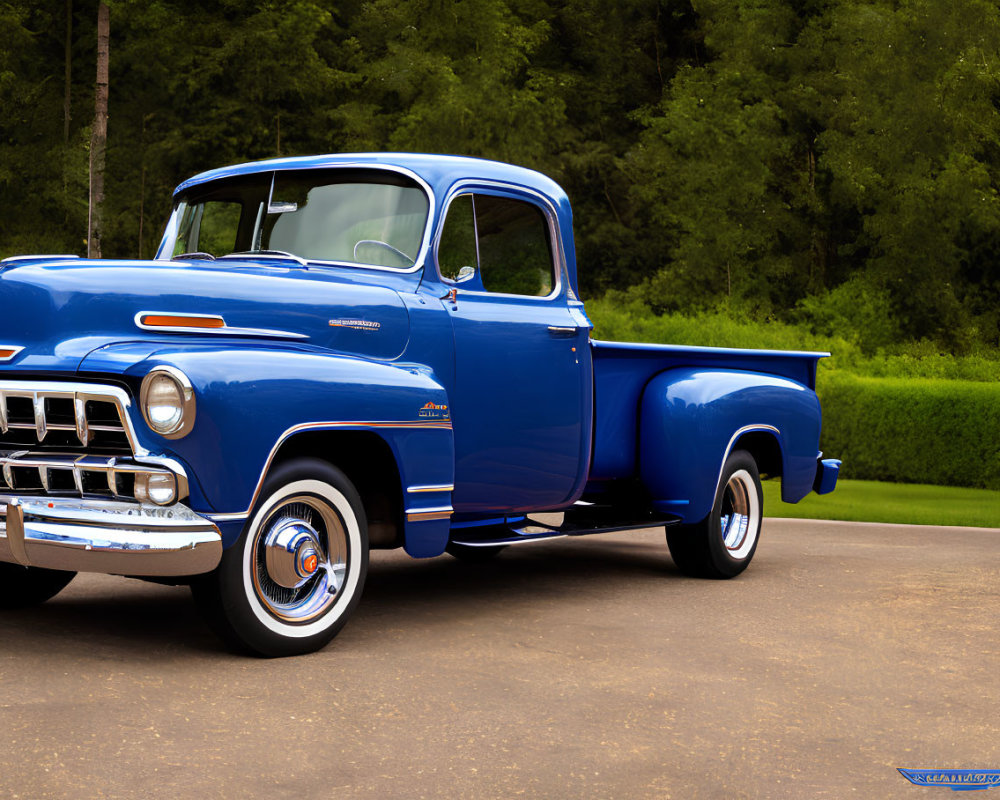 Vintage blue pickup truck with chrome details and white-wall tires on grassy road