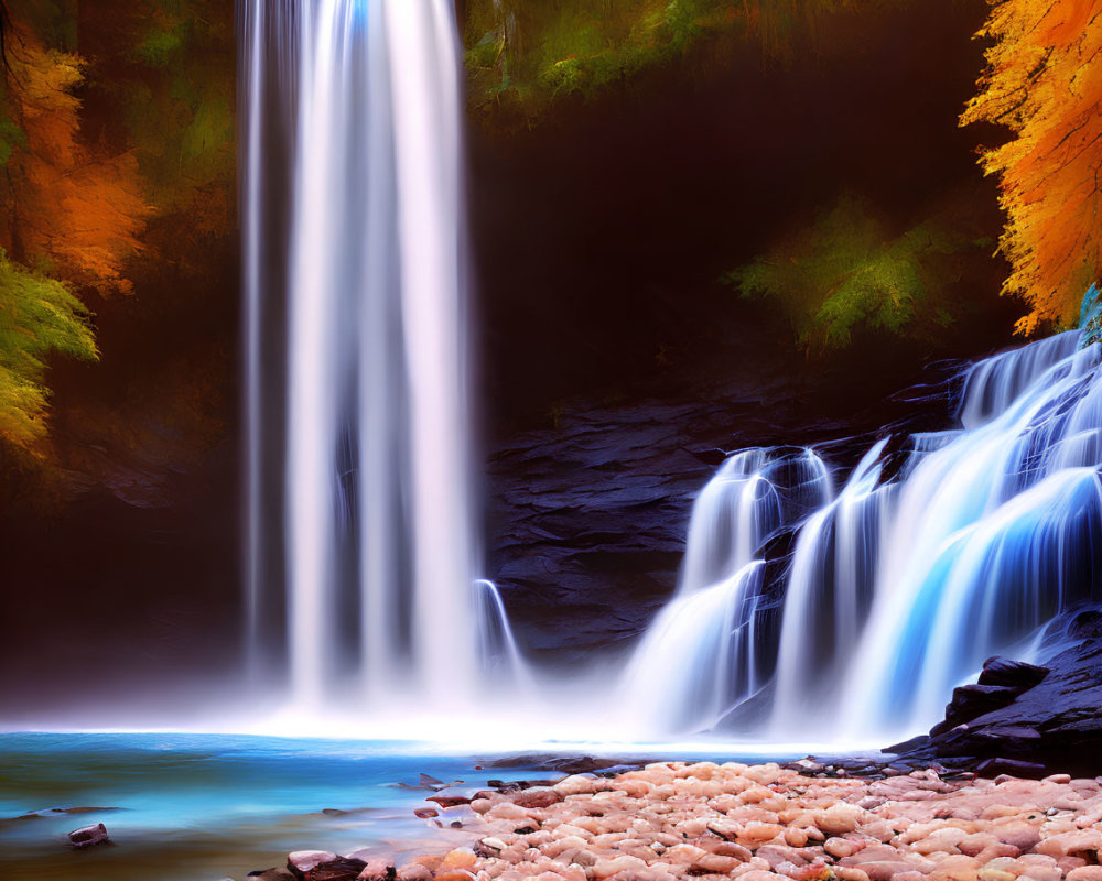 Tranquil waterfall over rocky cliff in autumn setting