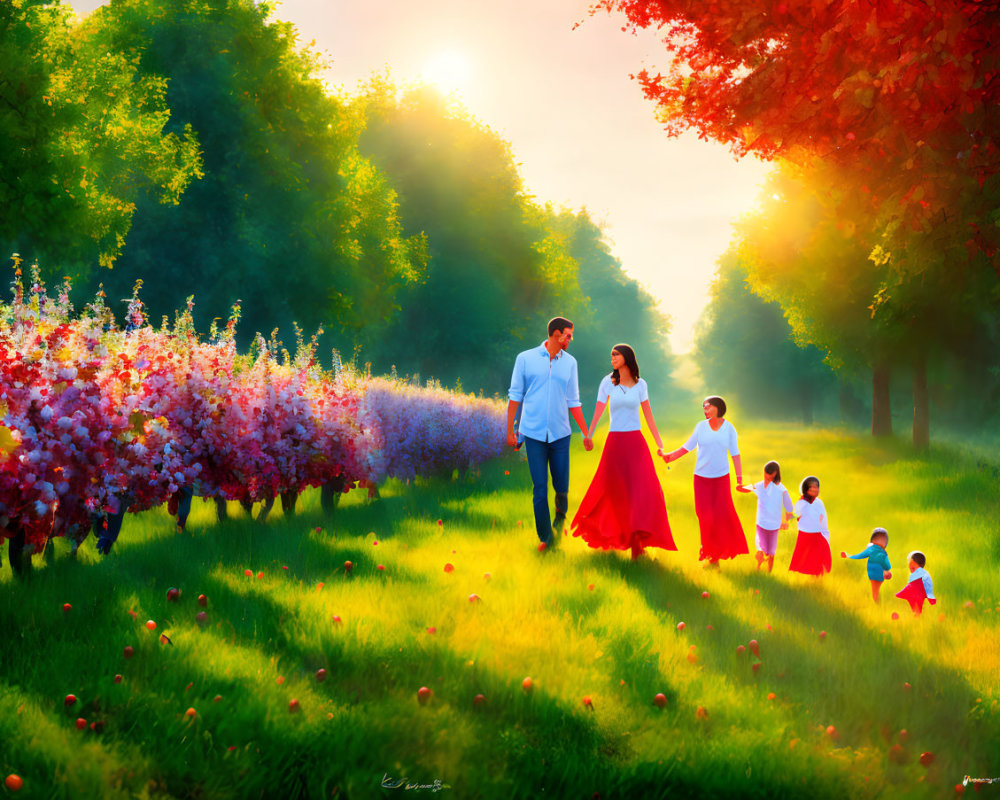 Family walking in sunlit park with blooming flowers