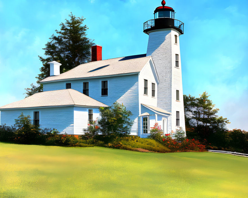 White Lighthouse with Red Beacon in Greenery and Clear Blue Sky