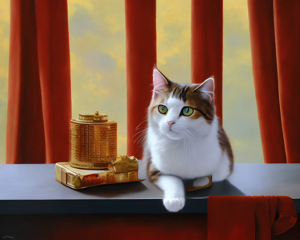 Tabby Cat with Green Eyes Next to Golden Ornaments and Red Curtains