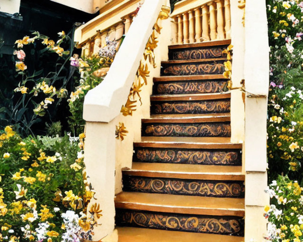 Golden balustrade outdoor staircase surrounded by colorful flowers and greenery