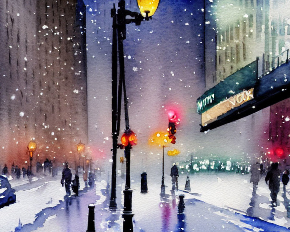 Snowy City Street Watercolor Painting: Night Scene with Street Lamps & Silhouettes