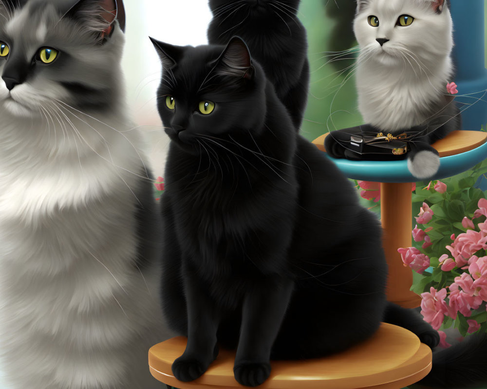Three Fluffy Cats with Striking Eyes and Pink Flowers on Small Table