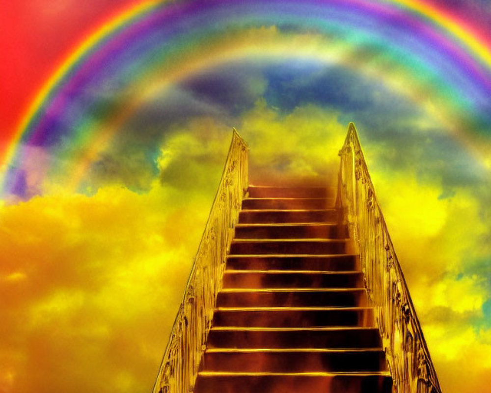 Colorful staircase reaching sky under rainbow and fiery clouds