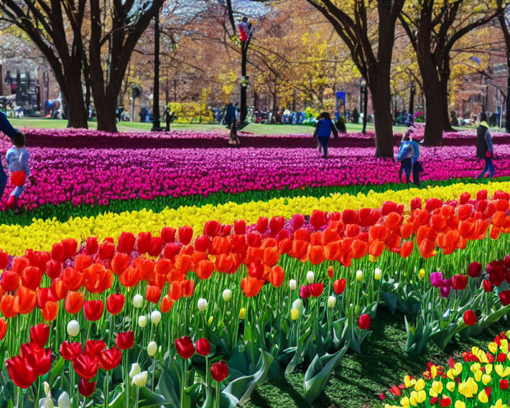 Colorful Tulip Park Scene with People Enjoying Sunny Day