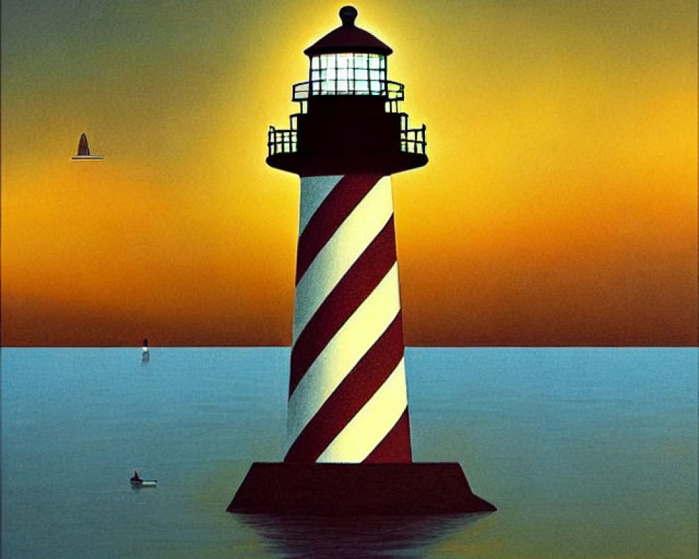 Striped lighthouse on calm sea at sunset with vivid orange sky.