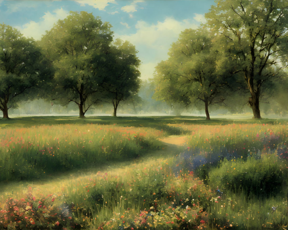 Tranquil landscape: blooming meadow, winding path, lush green trees