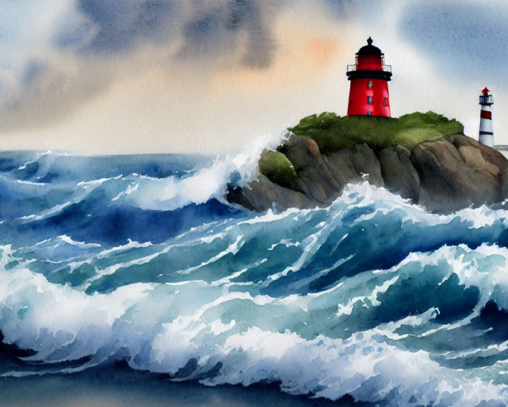 Stormy Sea Watercolor Painting with Red Lighthouse
