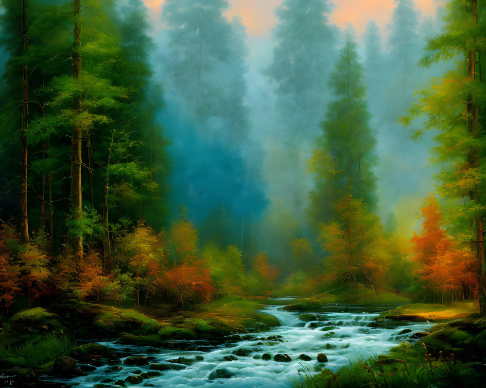 Tranquil Forest Landscape with River and Autumn Colors