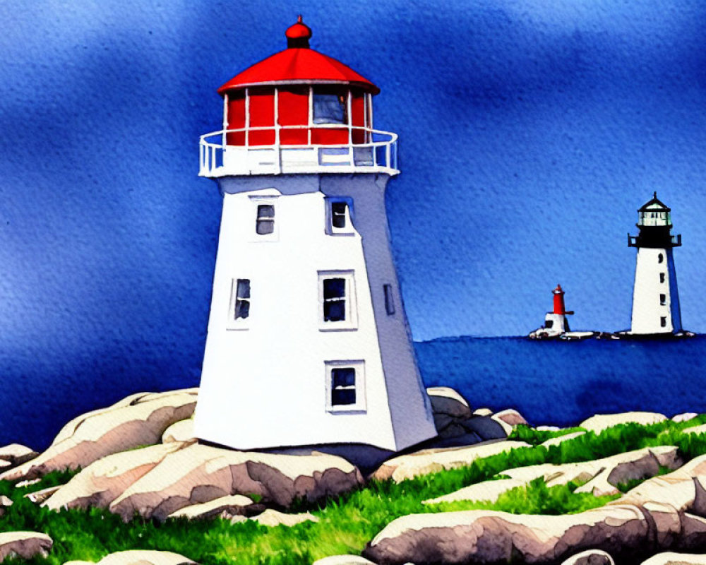 Coastal Watercolor Illustration: White Lighthouse with Red Roof in Scenic Setting