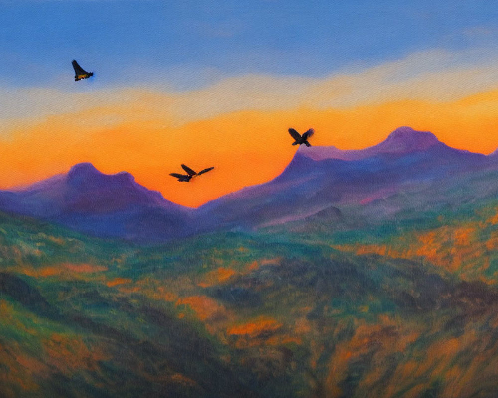Colorful sunset painting with mountain range and bird silhouettes