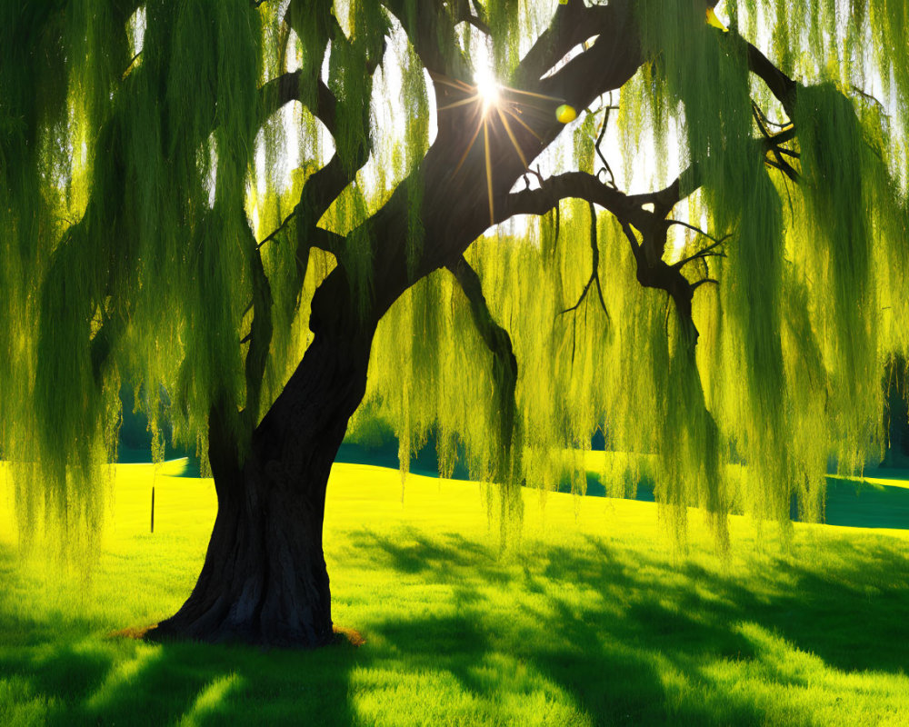 Majestic willow tree in sunlight on vibrant green grass