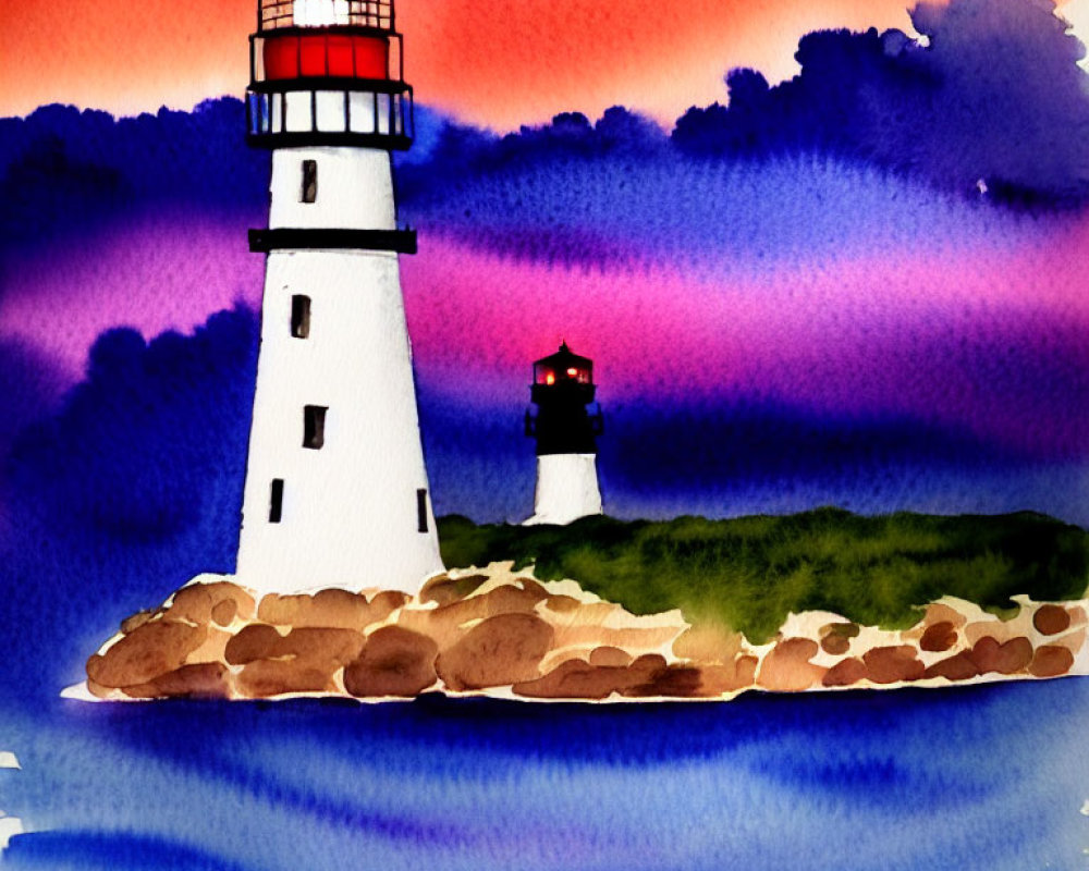 Colorful watercolor painting of white lighthouse on island at twilight