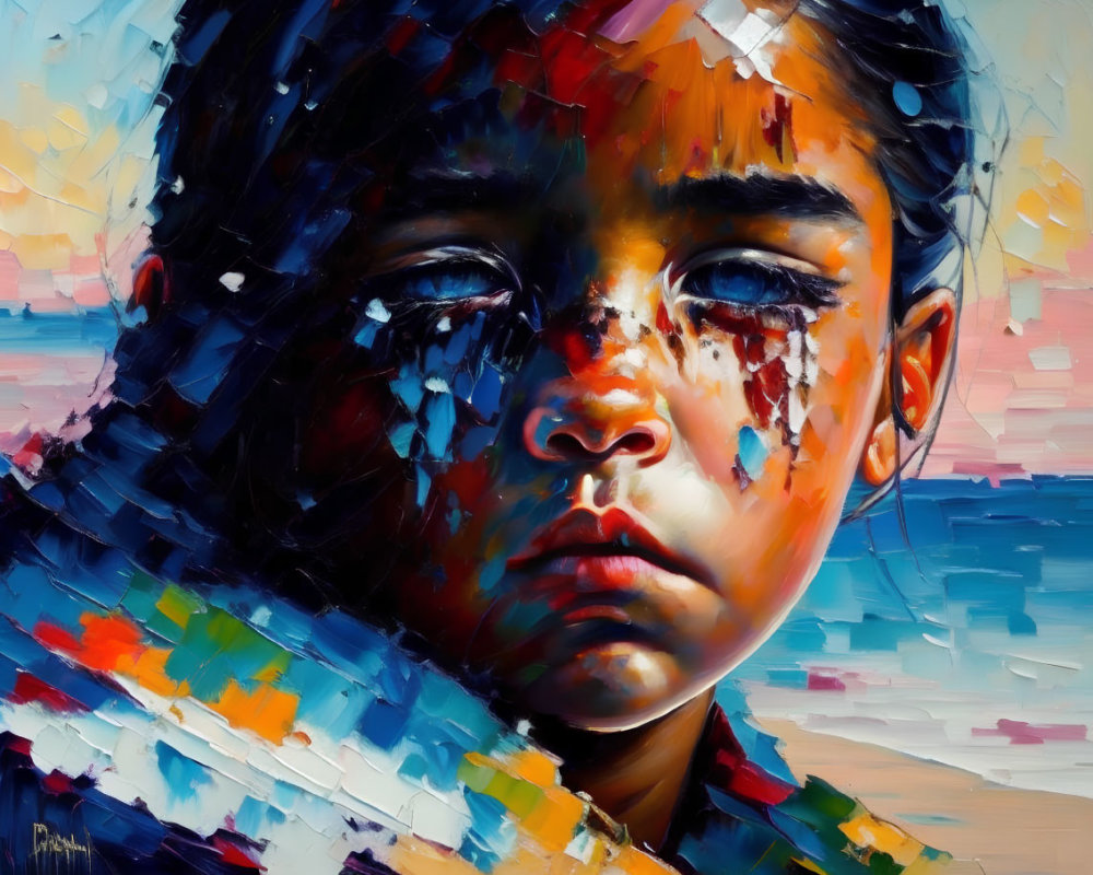 Vibrant impressionistic painting of a contemplative child