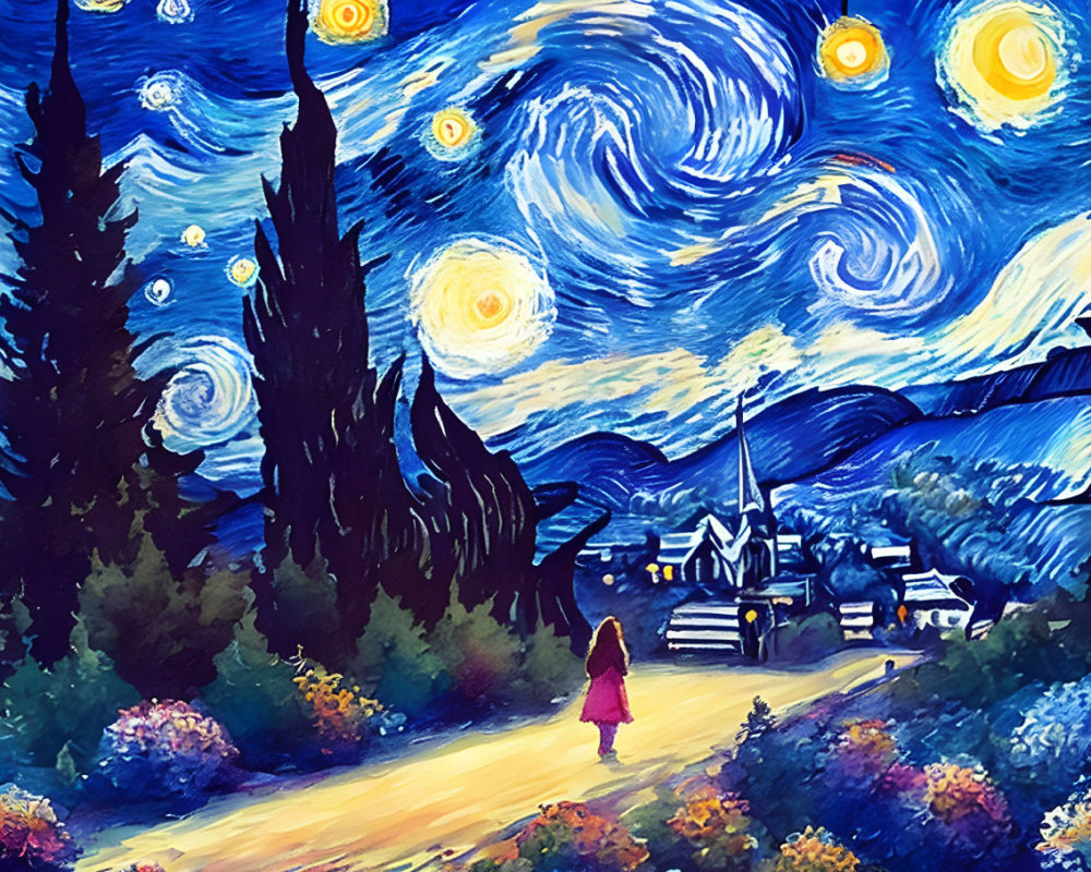 Starry Night with Village, Cypress Trees, and Figure in Red