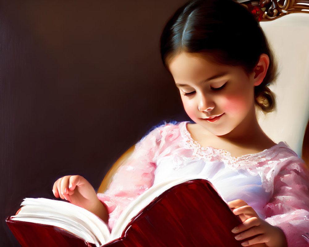 Young girl reading book in soft light, delicate features highlighted