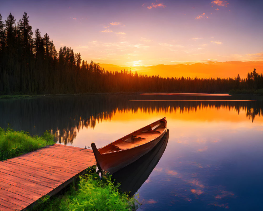 Tranquil sunset scene at lake with wooden dock and canoe