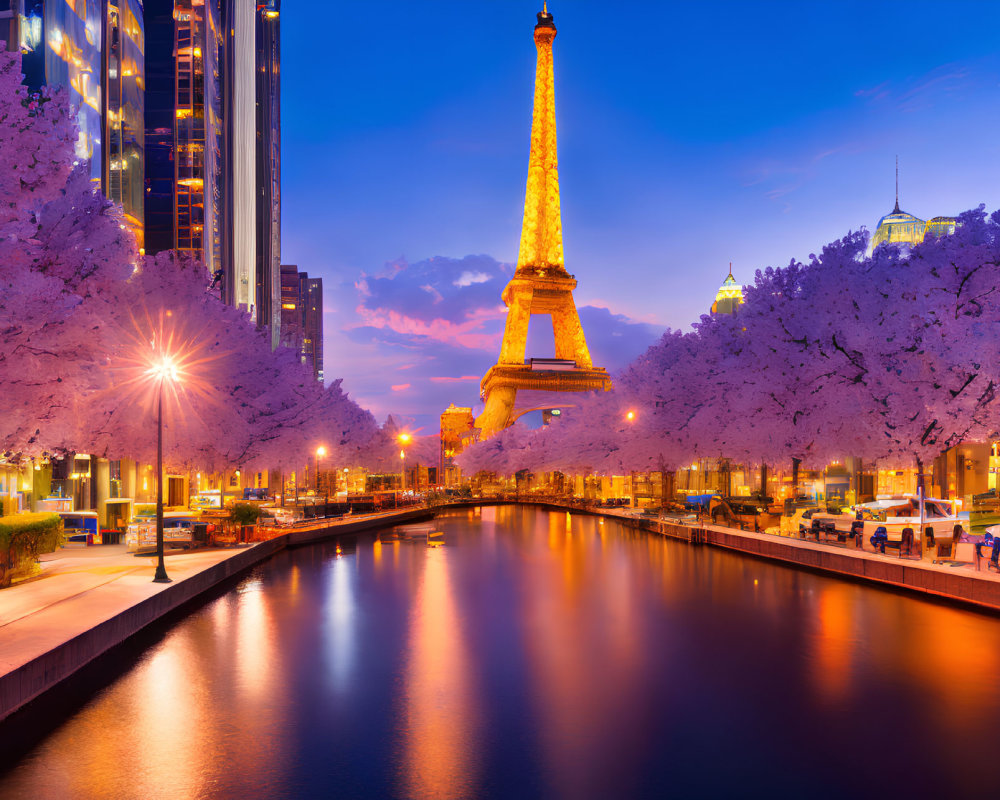 Illuminated Eiffel Tower in Twilight Cityscape with Cherry Blossoms