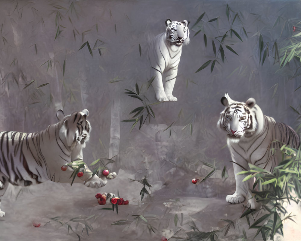 Three white tigers in bamboo forest with red berries
