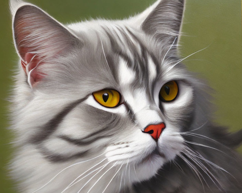 Realistic portrait of fluffy grey and white cat with yellow eyes and pink nose on green background