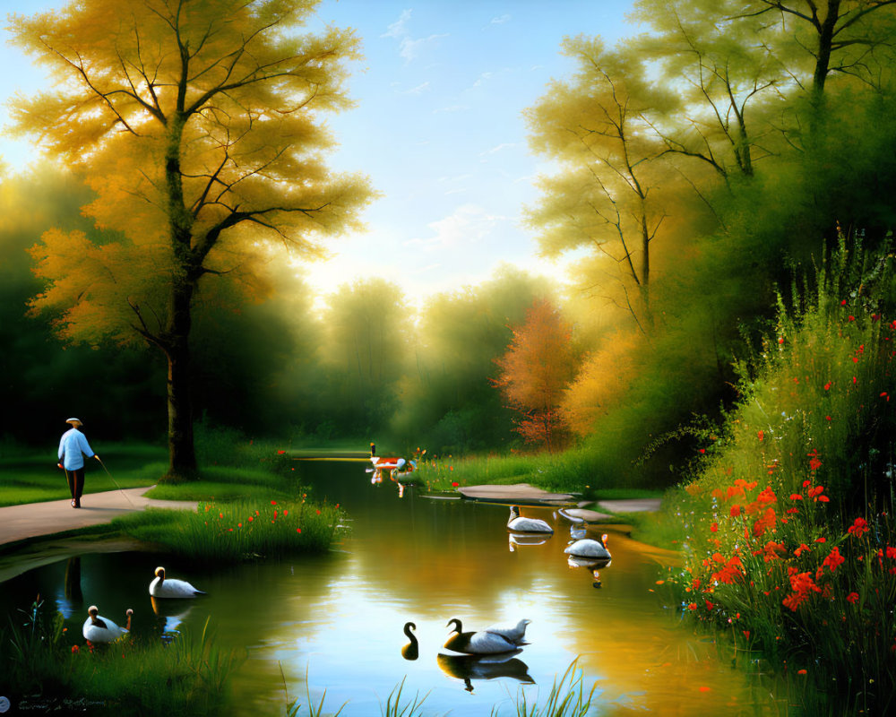Tranquil landscape with swans, person, greenery, and sunlight