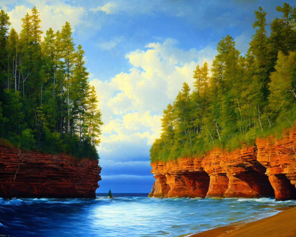 Scenic painting of rugged coastline with red cliffs, green forests, and blue sky
