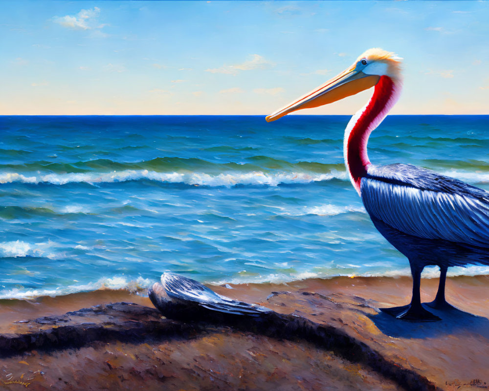 Brown and White Pelican Painting on Shoreline with Blue Ocean and Clear Sky