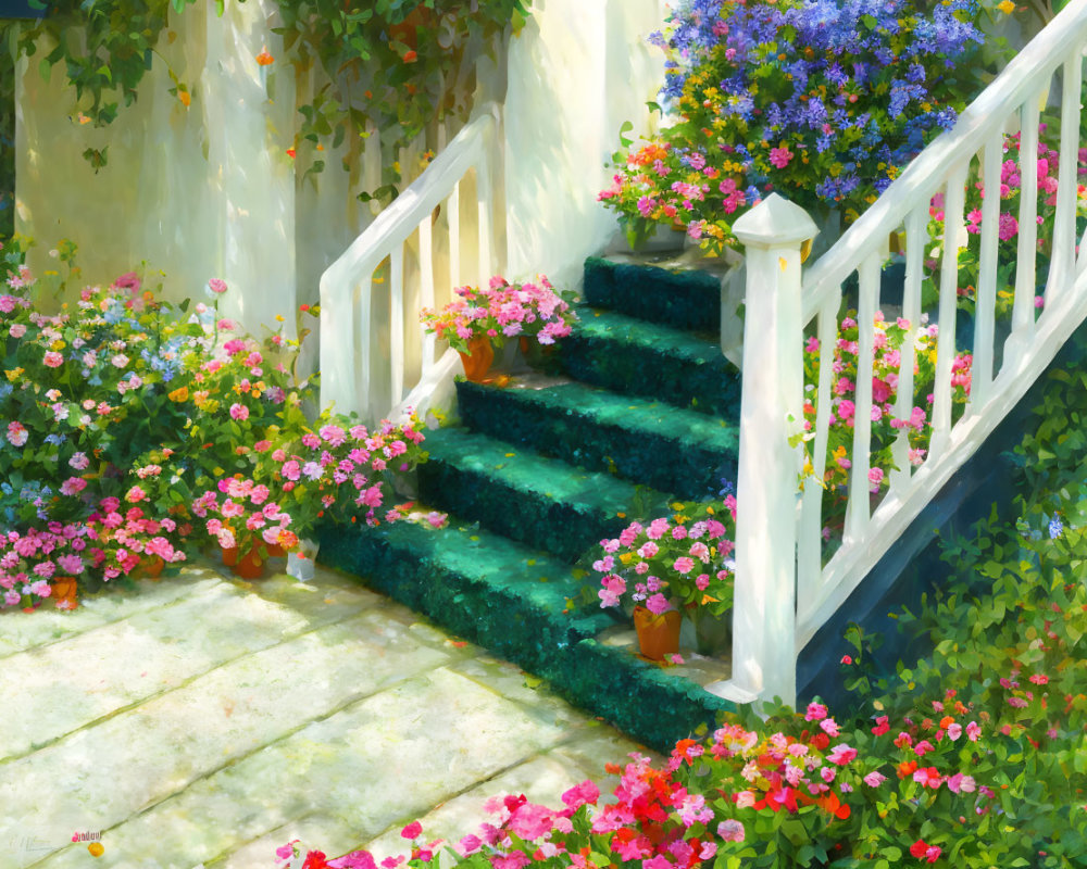 Blooming flowers and lush greenery frame outdoor stairway