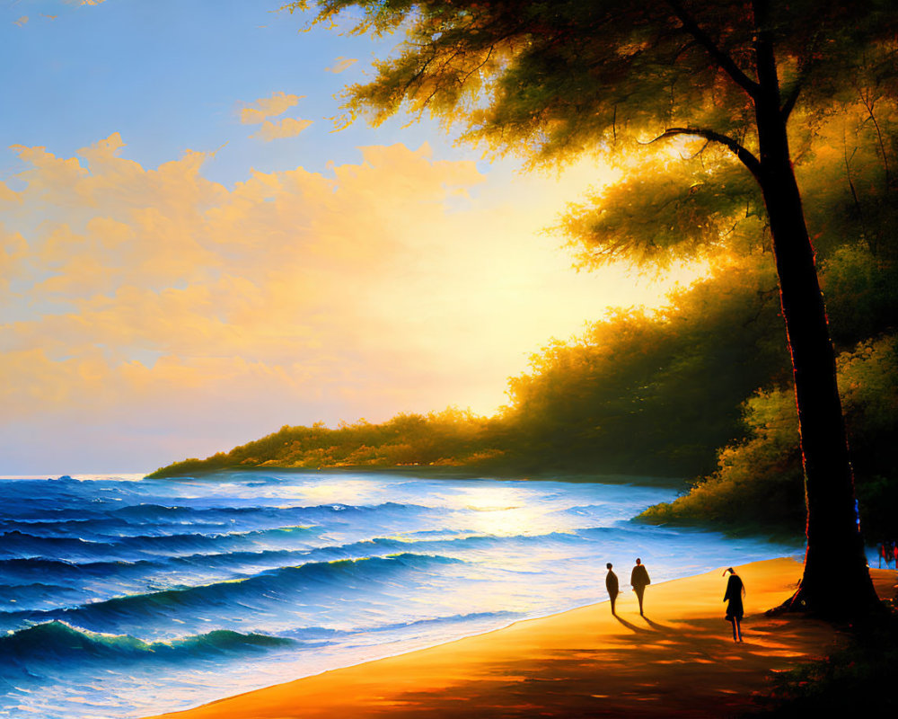 Beach sunset scene with walking people, crashing waves, and swaying trees