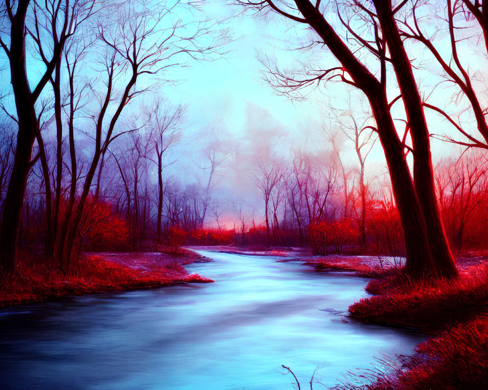 Surreal landscape with winding river and bare trees under hazy blue and red sky