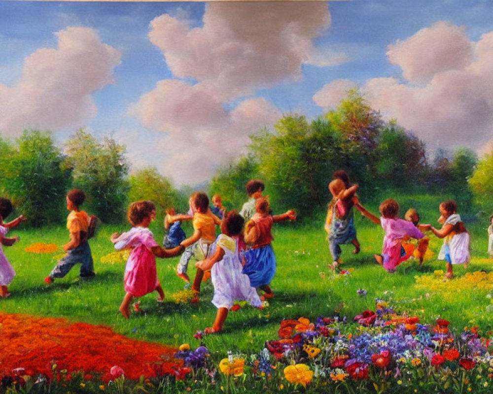 Colorful Painting of Children Playing in Flower Meadow