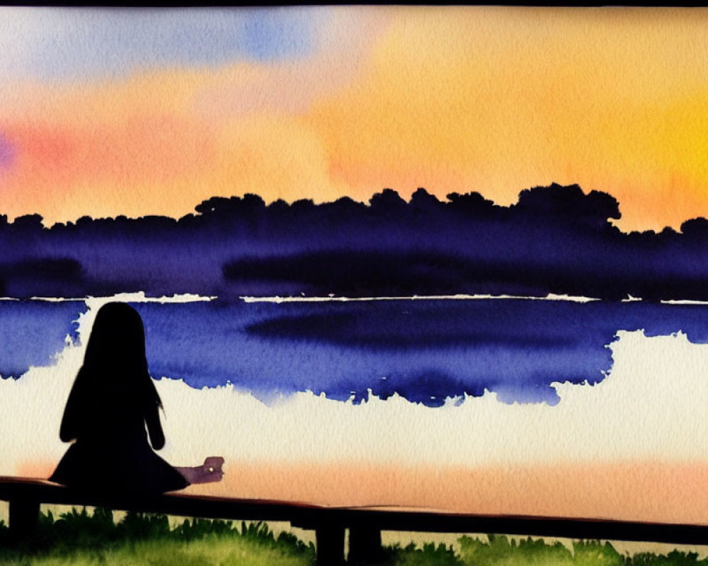 Silhouette of person on bench by water with vibrant sunset