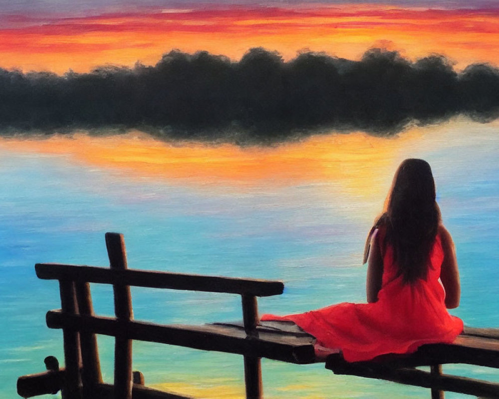 Person in red dress on wooden dock gazing at sunset reflection on water