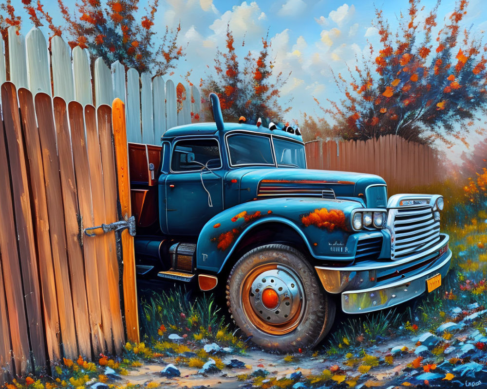 Vintage blue truck with flame patterns parked near wooden fence in autumn setting