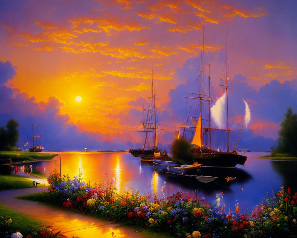 Colorful sunset reflection on water with sailing ships, flowers, and pathway